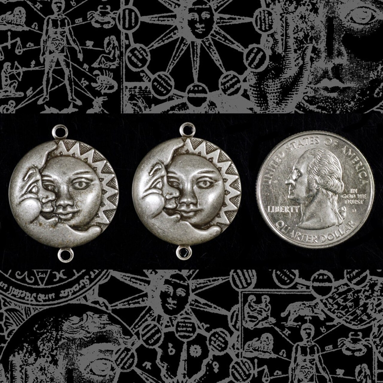 Antiqued Silver Plated Brass Sun and Moon Pendants - Set of Two - XXX - S-P86